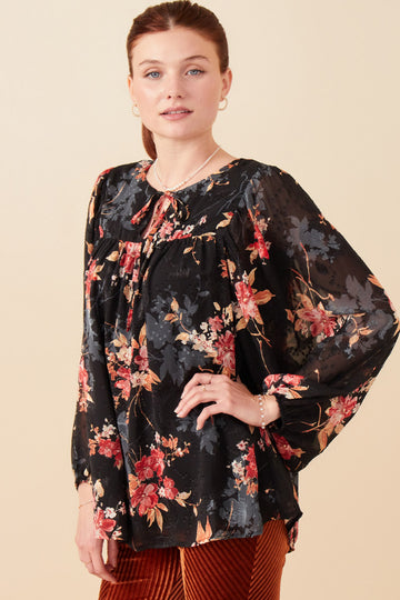 HY7845 Black Womens Burnout Textured Botanical Tie Front Top Front